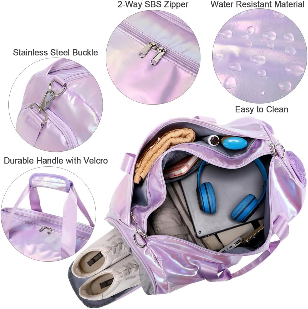 Duffle Bag for Girls Fluffy Dance Bag for Girls Ballet Bag Girls Sports Gym Bag Water Resistant Travel Duffle Bags with Shoes Compartment Wet Pocket