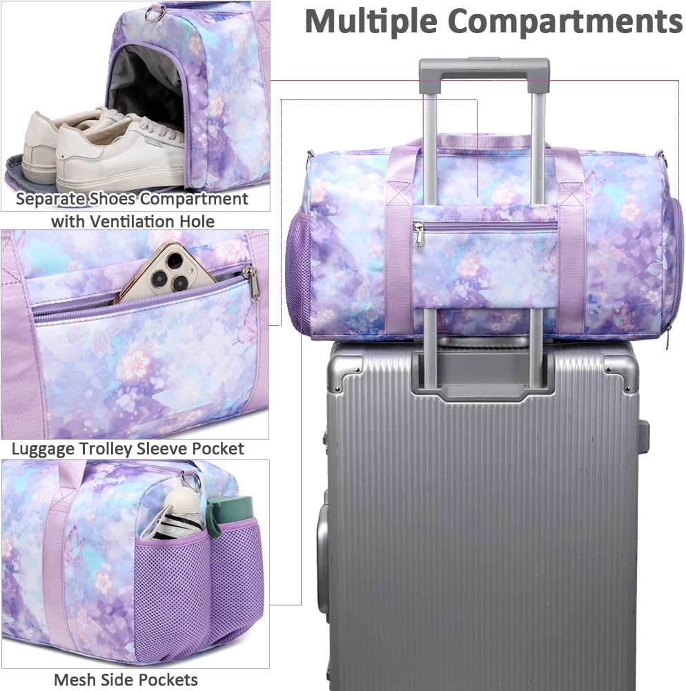 Duffle Bag for Girls Fluffy Dance Bag for Girls Ballet Bag Girls Sports Gym Bag Water Resistant Travel Duffle Bags with Shoes Compartment Wet Pocket
