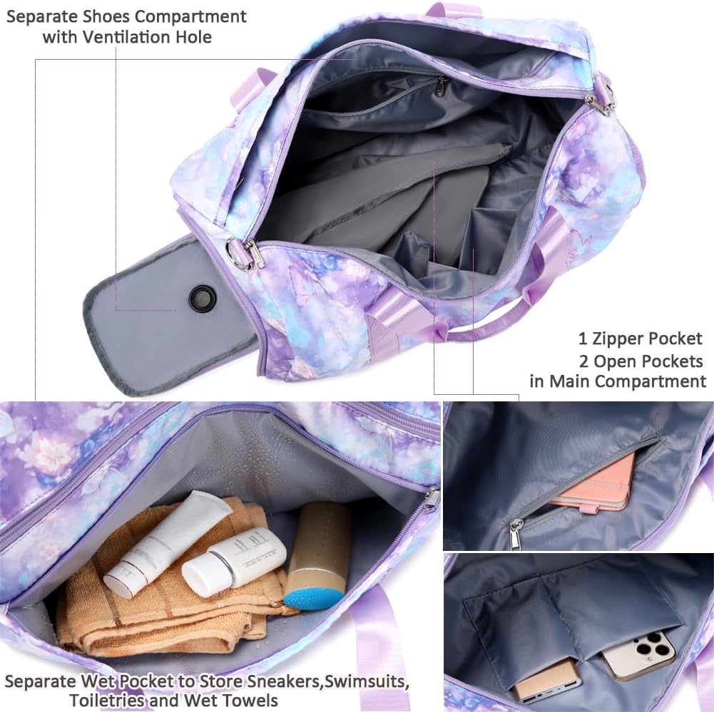 Duffle Bag for Girls Fluffy Dance Bag for Girls Ballet Bag Girls Sports Gym Bag Water Resistant Travel Duffle Bags with Shoes Compartment Wet Pocket