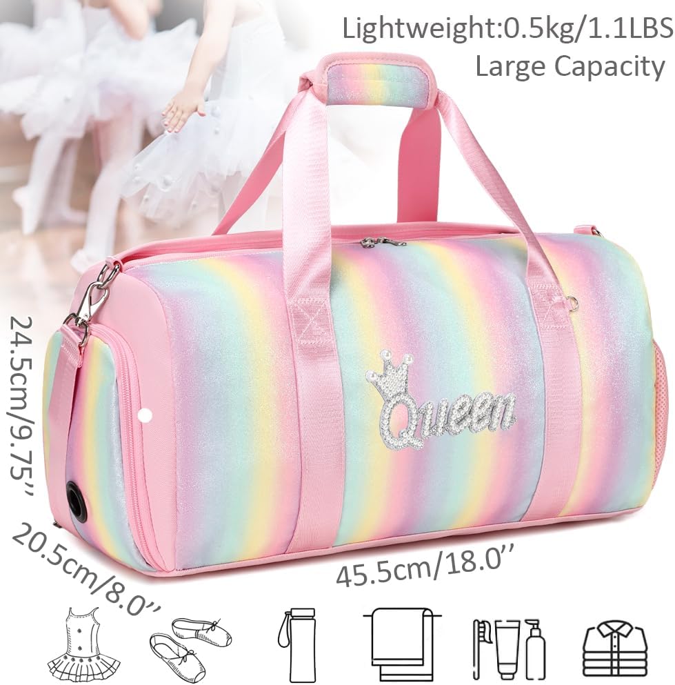 Duffle Bag for Girls Fluffy Dance Bag for Girls Ballet Bag Girls Sports Gym Bag Water Resistant Travel Duffle Bags with Shoes Compartment Wet Pocket