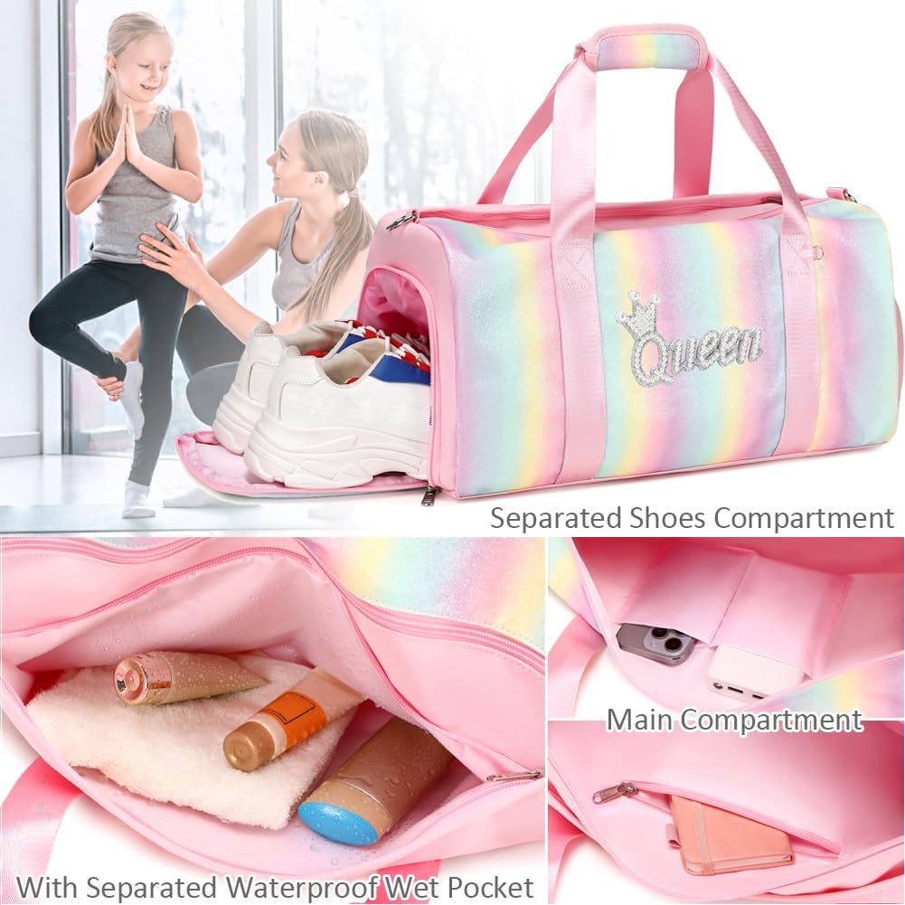 Duffle Bag for Girls Fluffy Dance Bag for Girls Ballet Bag Girls Sports Gym Bag Water Resistant Travel Duffle Bags with Shoes Compartment Wet Pocket