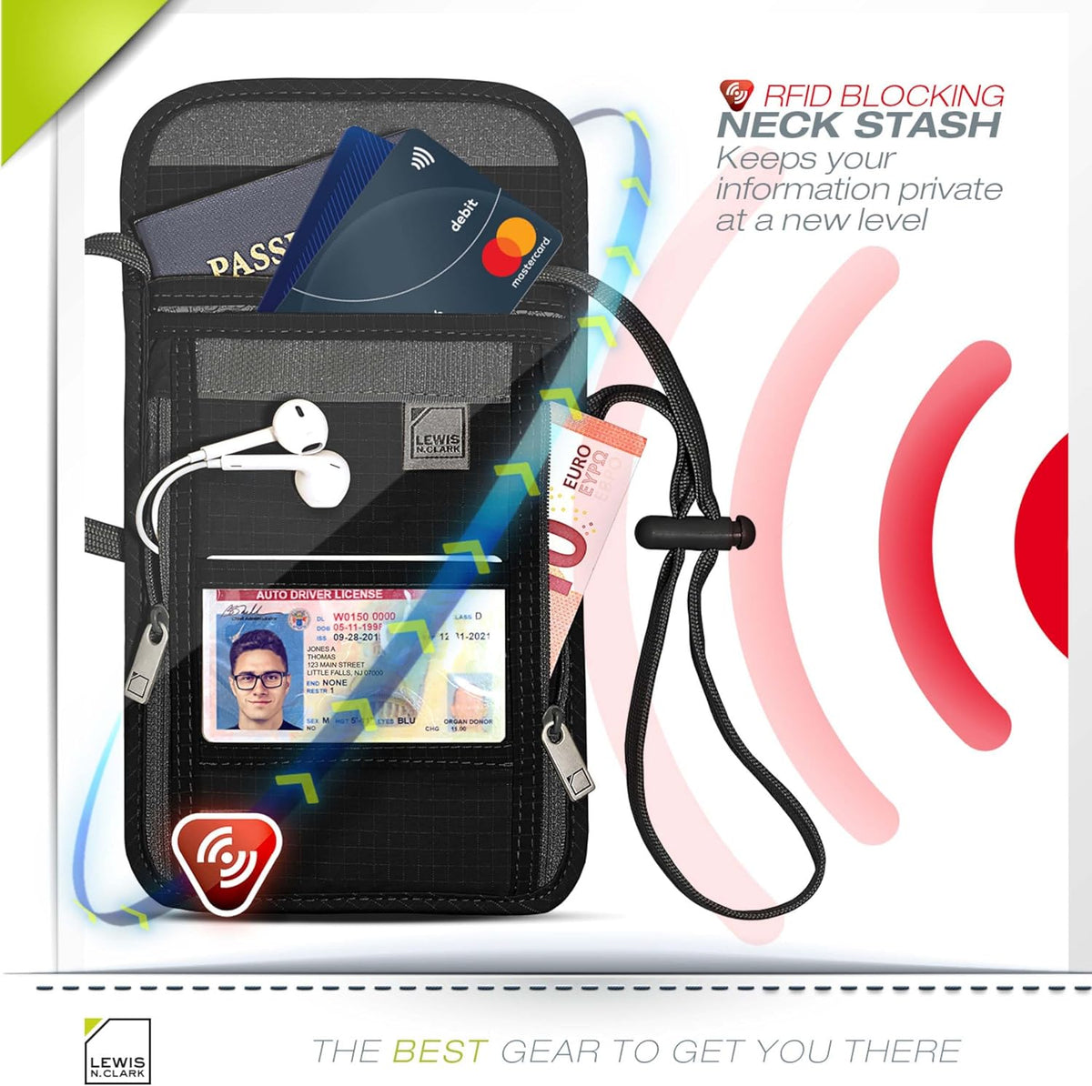 RFID Blocking Stash Neck Wallet, Travel Pouch + Passport Holder for Women & Men, Navy