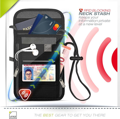 RFID Blocking Stash Neck Wallet, Travel Pouch + Passport Holder for Women & Men, Navy