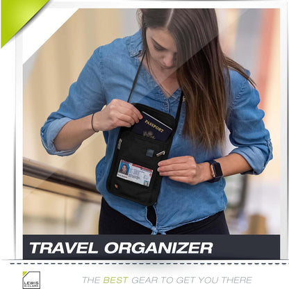 RFID Blocking Stash Neck Wallet, Travel Pouch + Passport Holder for Women & Men, Navy