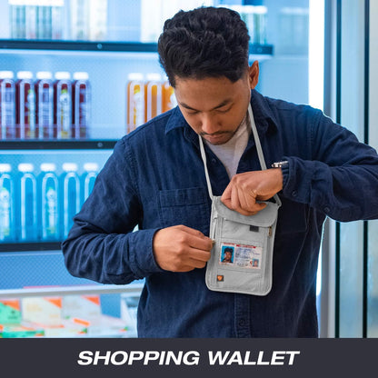 RFID Blocking Stash Neck Wallet, Travel Pouch + Passport Holder for Women & Men, Navy