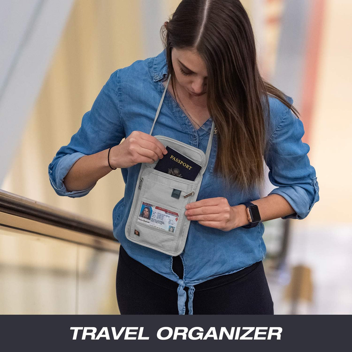 RFID Blocking Stash Neck Wallet, Travel Pouch + Passport Holder for Women & Men, Navy