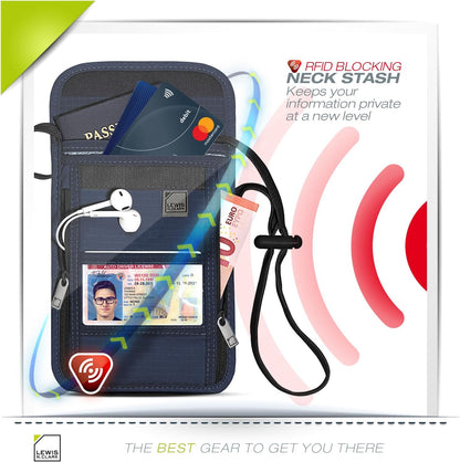RFID Blocking Stash Neck Wallet, Travel Pouch + Passport Holder for Women & Men, Navy