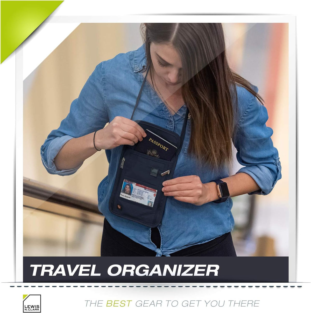 RFID Blocking Stash Neck Wallet, Travel Pouch + Passport Holder for Women & Men, Navy