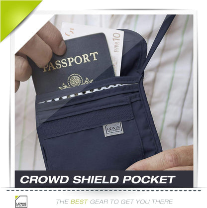 RFID Blocking Stash Neck Wallet, Travel Pouch + Passport Holder for Women & Men, Navy
