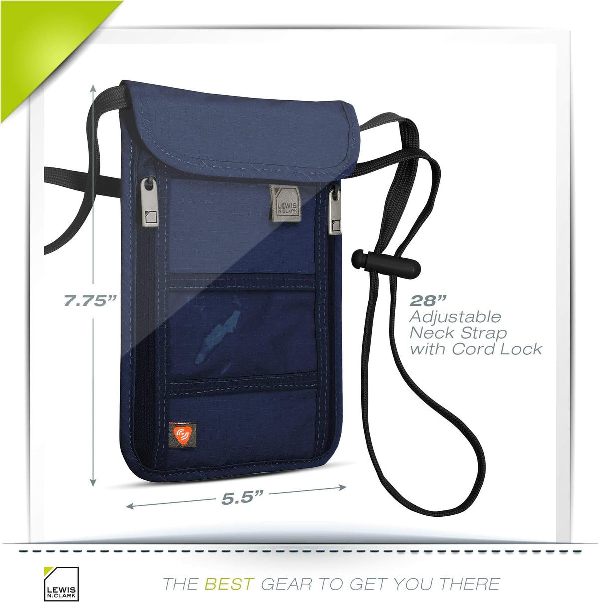 RFID Blocking Stash Neck Wallet, Travel Pouch + Passport Holder for Women & Men, Navy