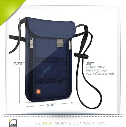 RFID Blocking Stash Neck Wallet, Travel Pouch + Passport Holder for Women & Men, Navy