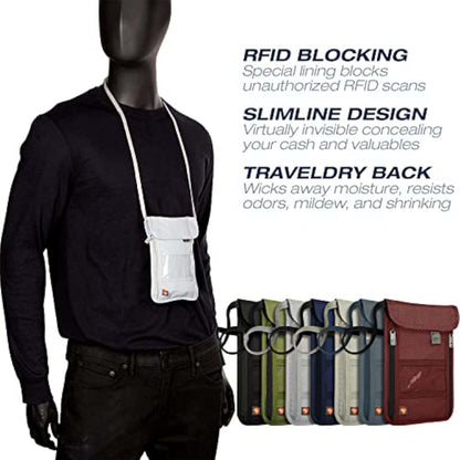 RFID Blocking Stash Neck Wallet, Travel Pouch + Passport Holder for Women & Men, Navy