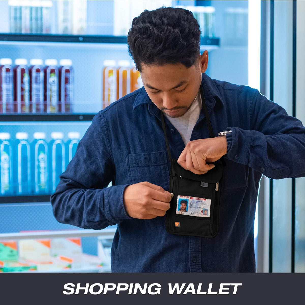 RFID Blocking Stash Neck Wallet, Travel Pouch + Passport Holder for Women & Men, Navy
