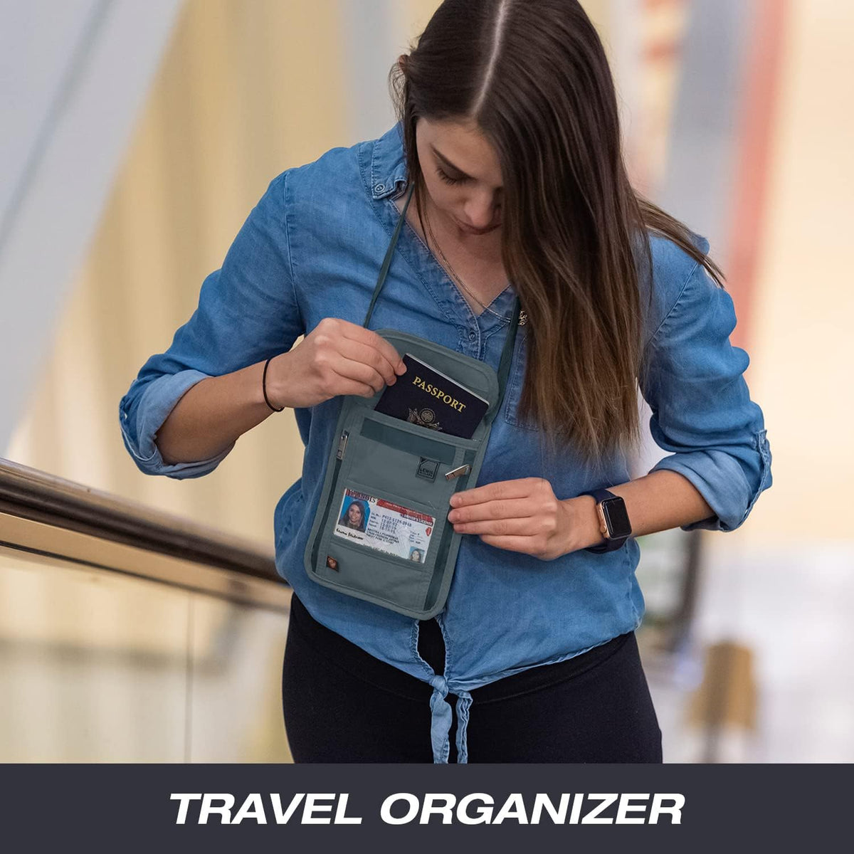 RFID Blocking Stash Neck Wallet, Travel Pouch + Passport Holder for Women & Men, Navy