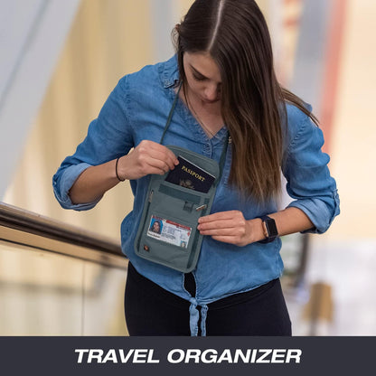 RFID Blocking Stash Neck Wallet, Travel Pouch + Passport Holder for Women & Men, Navy
