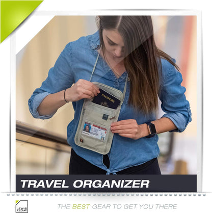 RFID Blocking Stash Neck Wallet, Travel Pouch + Passport Holder for Women & Men, Navy