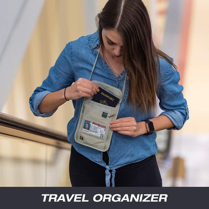 RFID Blocking Stash Neck Wallet, Travel Pouch + Passport Holder for Women & Men, Navy