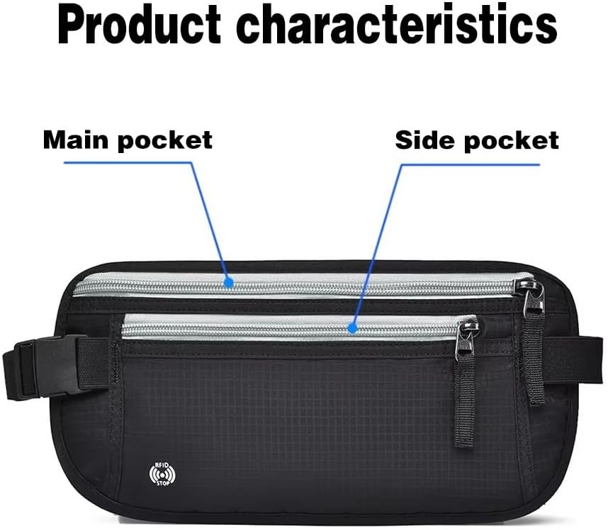 Travel Money Belt with RFID Blocking, Hidden Waist Pack for Passport, Cards, and Cash, Black (Gray)