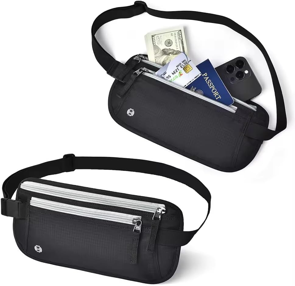 Travel Money Belt with RFID Blocking, Hidden Waist Pack for Passport, Cards, and Cash, Black (Gray)