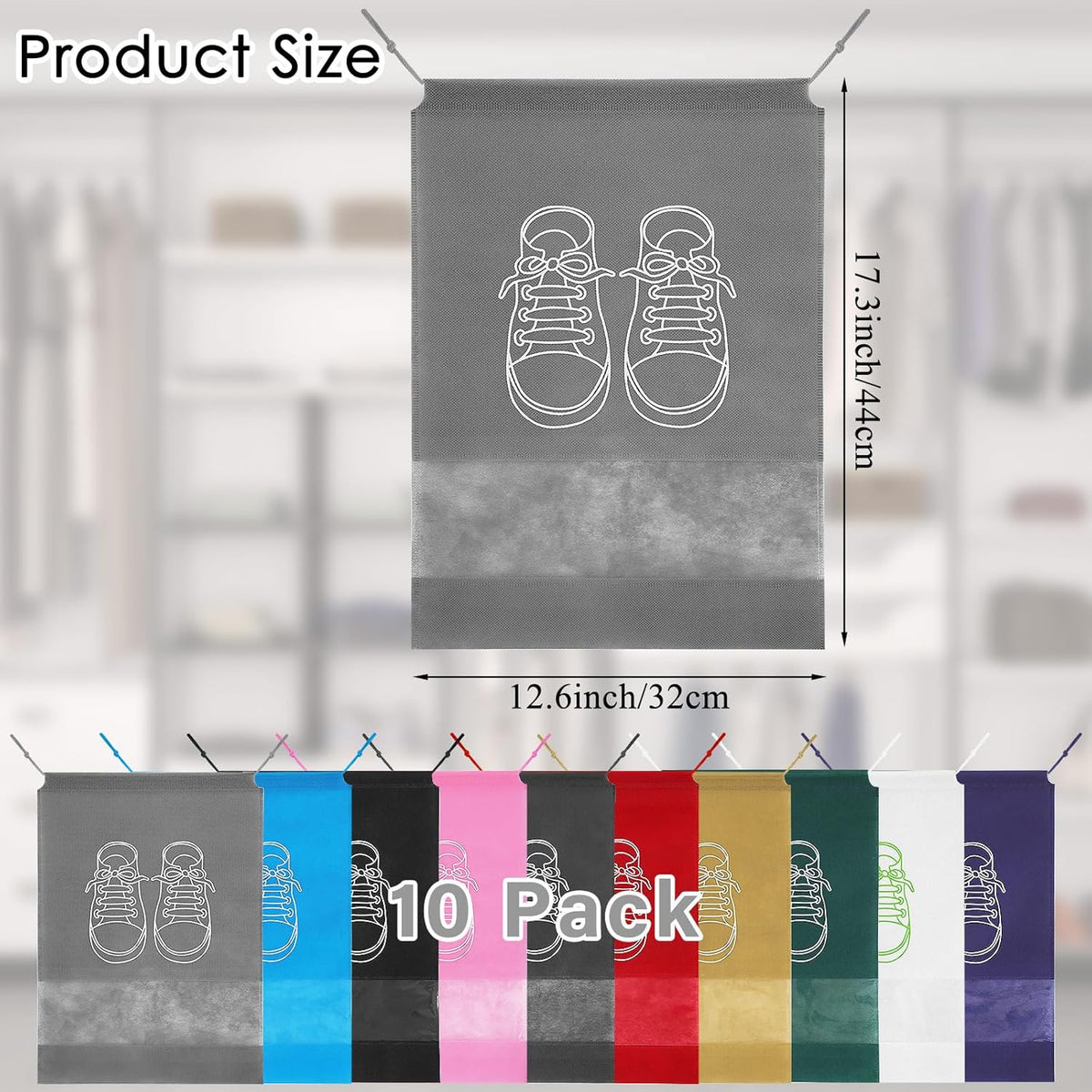 10 Pcs Portable Travel Shoe Bags, 17.3 x 12.6 Inches Waterproof Non-Woven Shoe Organizers Storage Bags, Large Drawstring Shoes Pouch Packing Organizers with Rope for Men, Women, Children