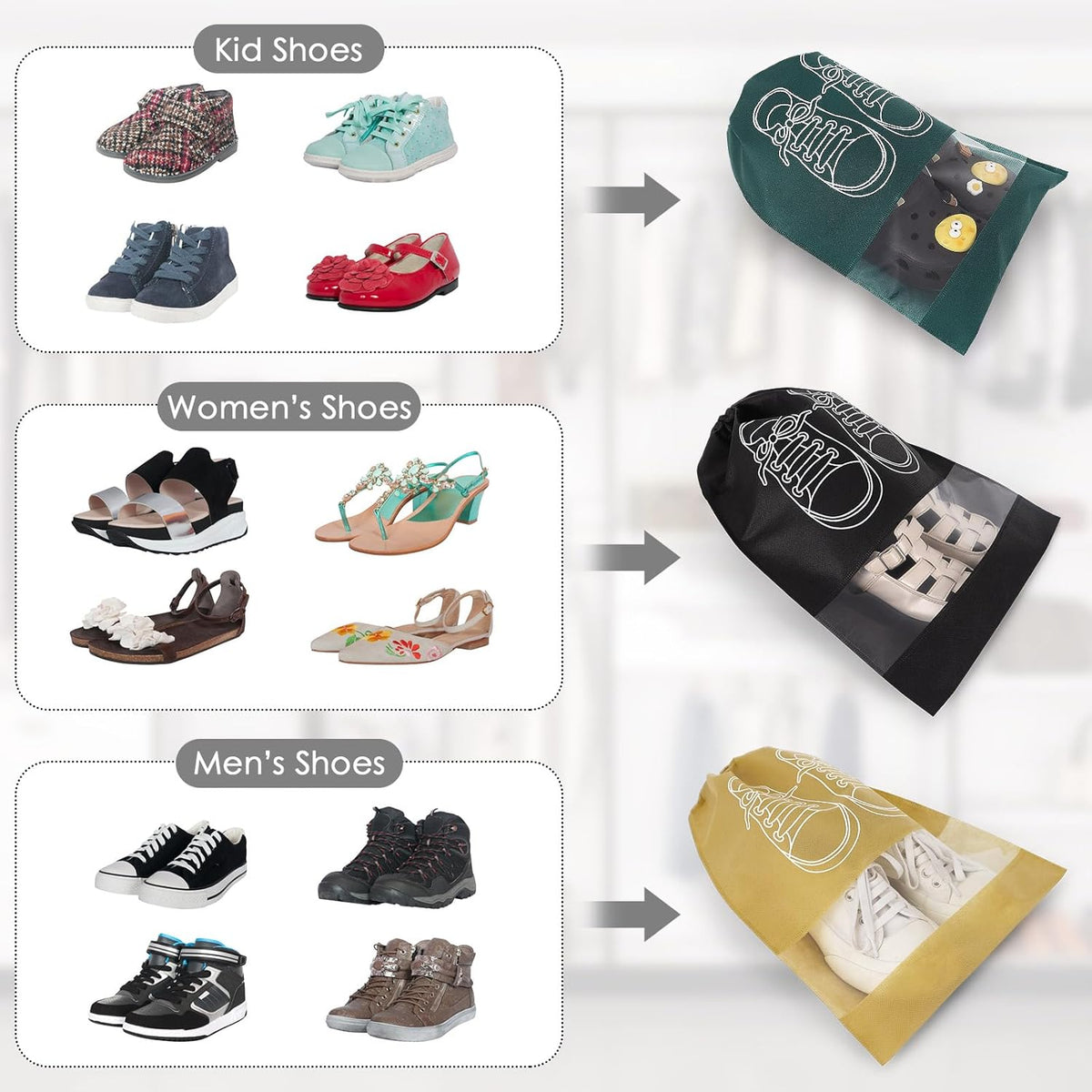 10 Pcs Portable Travel Shoe Bags, 17.3 x 12.6 Inches Waterproof Non-Woven Shoe Organizers Storage Bags, Large Drawstring Shoes Pouch Packing Organizers with Rope for Men, Women, Children