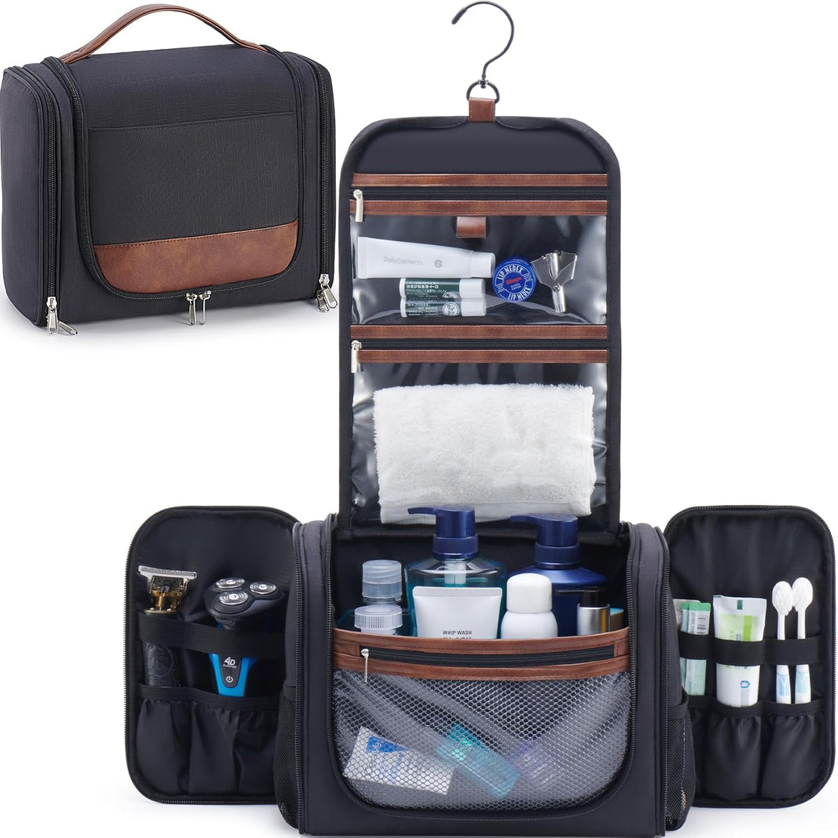 Large Hanging Toiletry Bag for Men, Travel Bathroom Bag with Hook, Hygiene Bag Organizer for Shower, Shaving & Grooming Essentials, Black