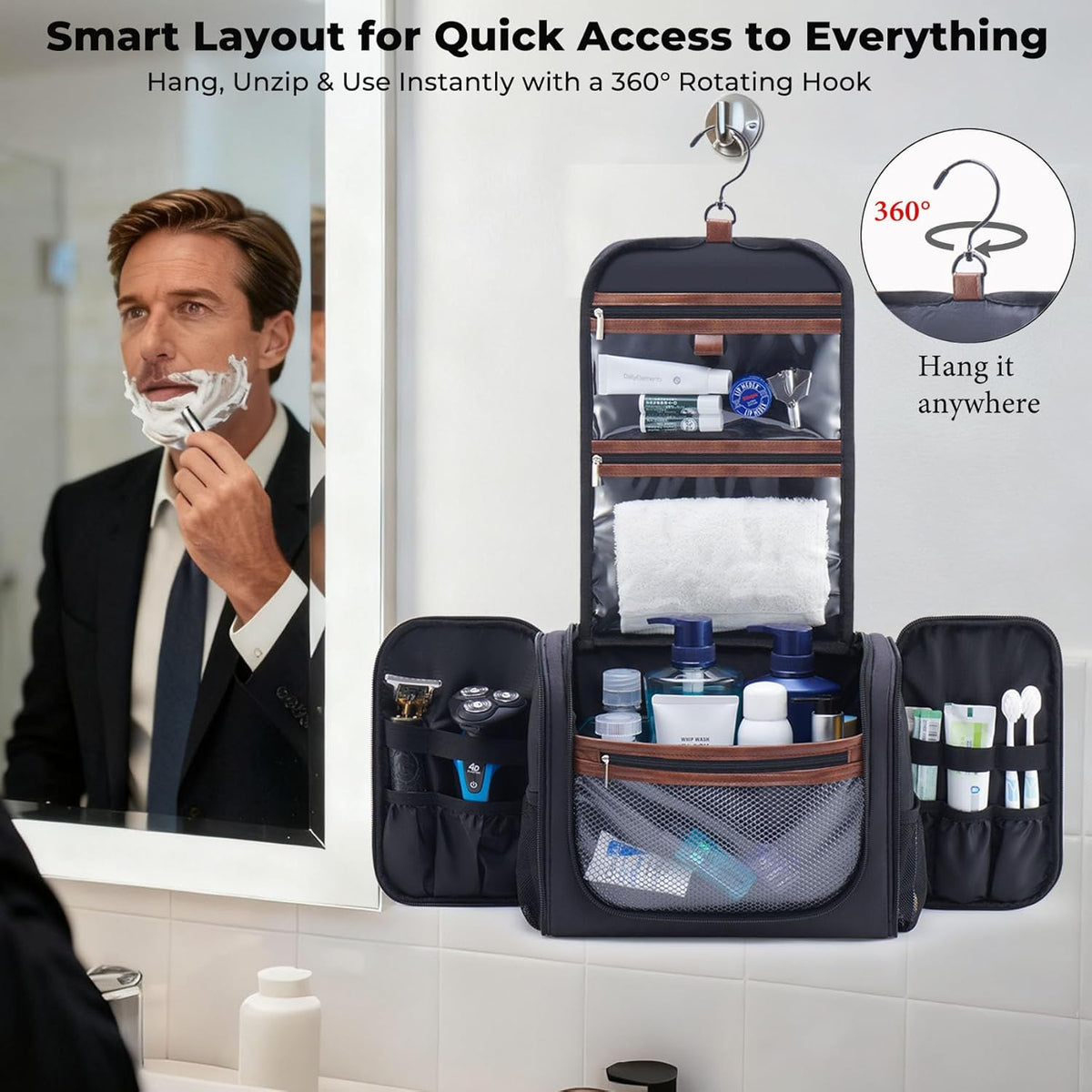 Large Hanging Toiletry Bag for Men, Travel Bathroom Bag with Hook, Hygiene Bag Organizer for Shower, Shaving & Grooming Essentials, Black