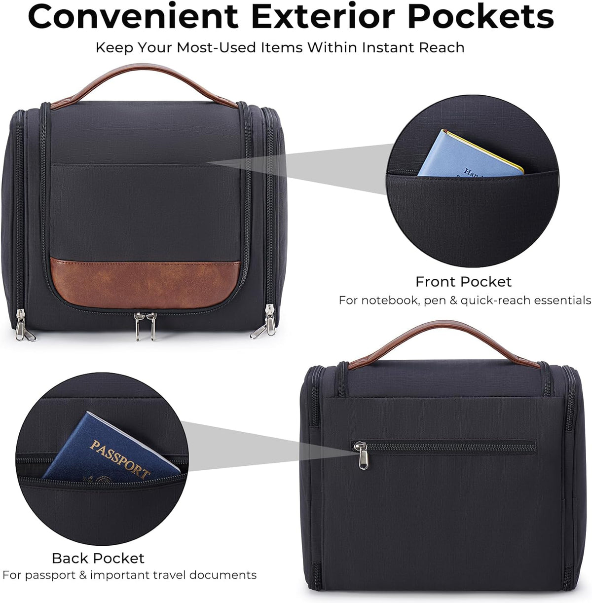 Large Hanging Toiletry Bag for Men, Travel Bathroom Bag with Hook, Hygiene Bag Organizer for Shower, Shaving & Grooming Essentials, Black