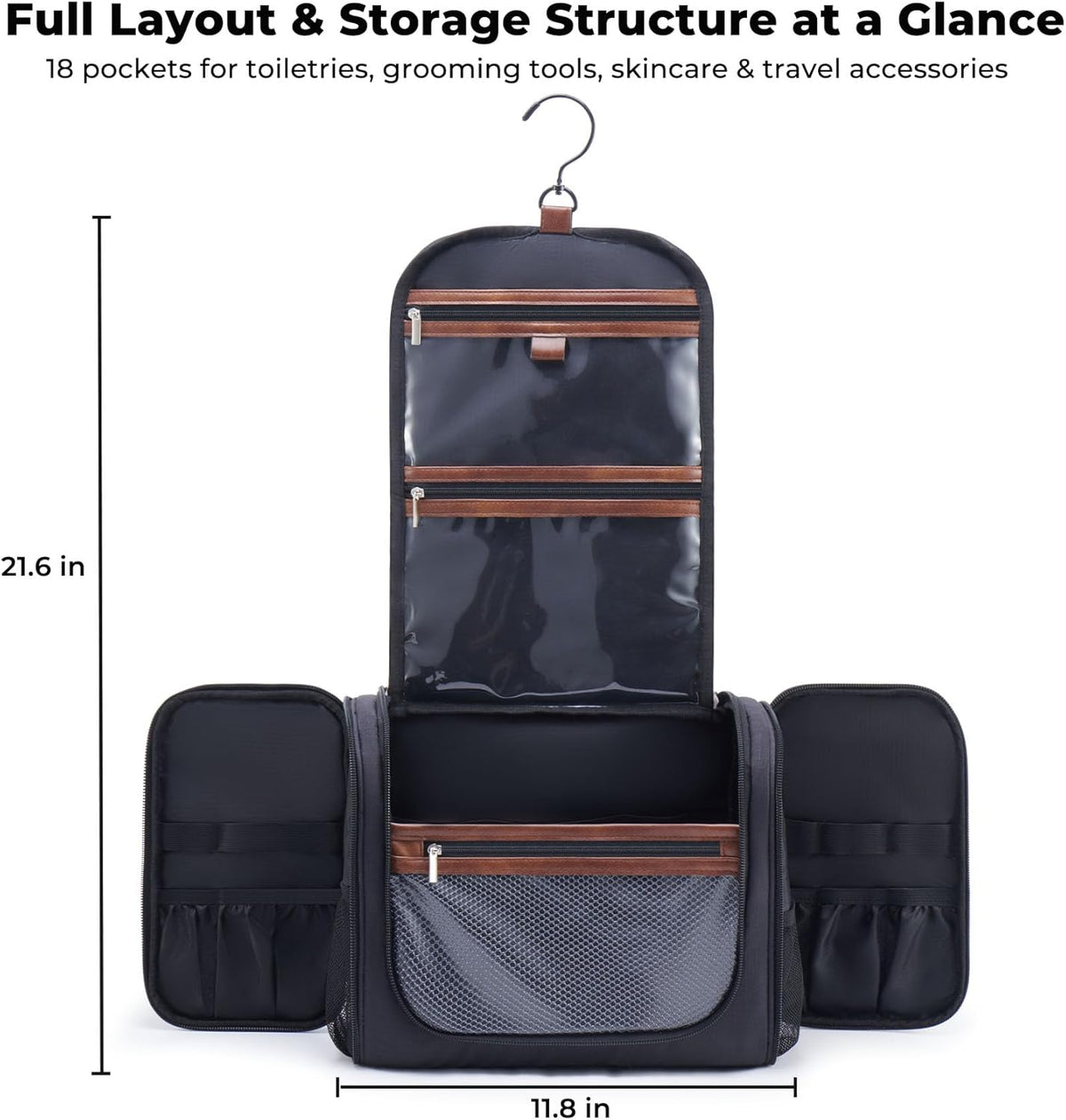 Large Hanging Toiletry Bag for Men, Travel Bathroom Bag with Hook, Hygiene Bag Organizer for Shower, Shaving & Grooming Essentials, Black