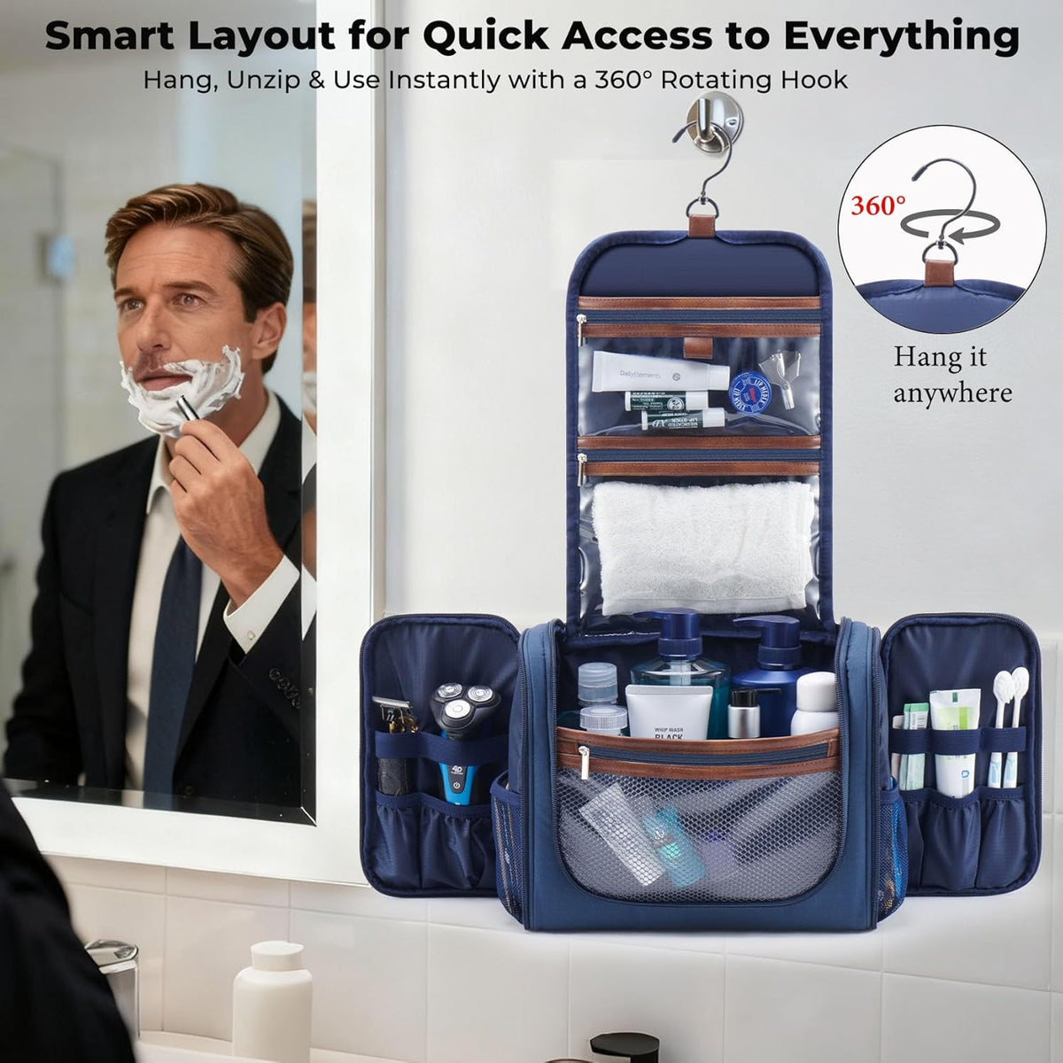 Large Hanging Toiletry Bag for Men, Travel Bathroom Bag with Hook, Hygiene Bag Organizer for Shower, Shaving & Grooming Essentials, Black