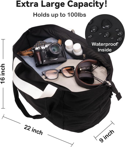 22'' 50L 100% Cotton Oversized Travel Tote Bag for Women - Tear-Resistant, Overnight/Weekend/Beach Bag