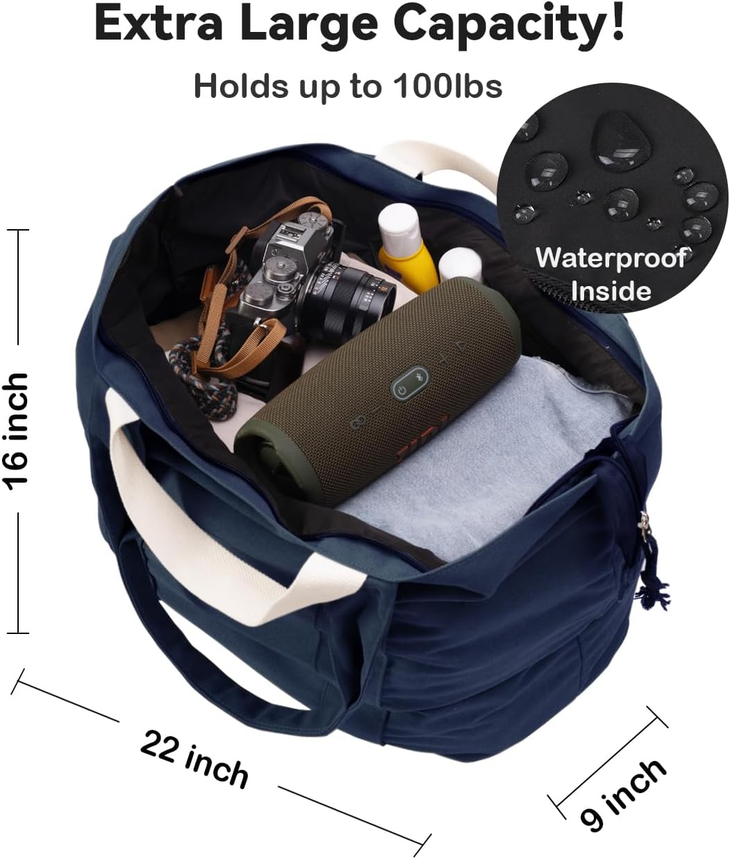 22'' 50L 100% Cotton Oversized Travel Tote Bag for Women - Tear-Resistant, Overnight/Weekend/Beach Bag