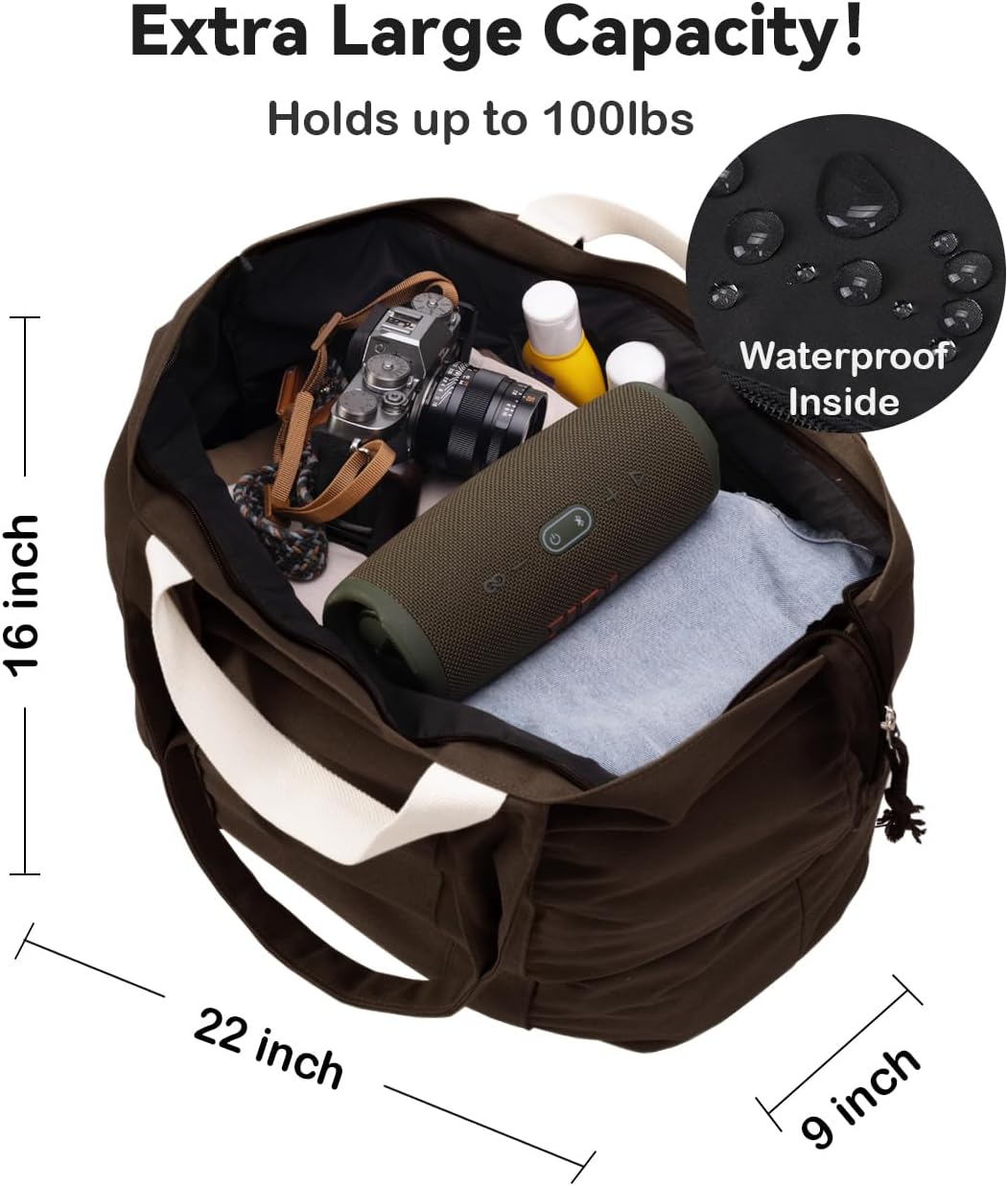 22'' 50L 100% Cotton Oversized Travel Tote Bag for Women - Tear-Resistant, Overnight/Weekend/Beach Bag