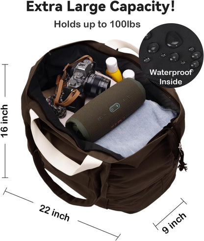 22'' 50L 100% Cotton Oversized Travel Tote Bag for Women - Tear-Resistant, Overnight/Weekend/Beach Bag