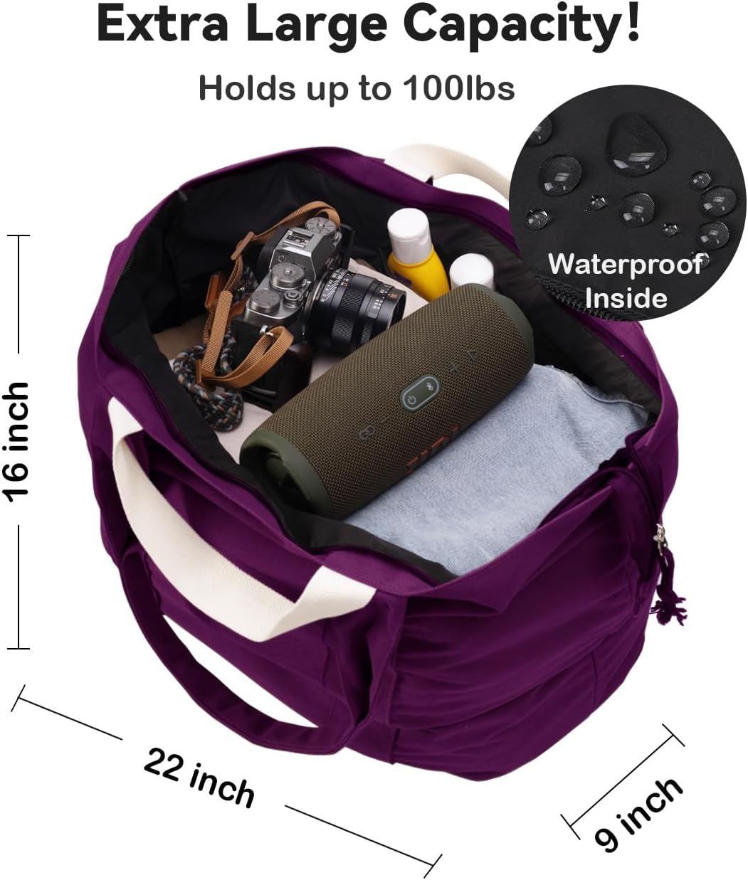 22'' 50L 100% Cotton Oversized Travel Tote Bag for Women - Tear-Resistant, Overnight/Weekend/Beach Bag