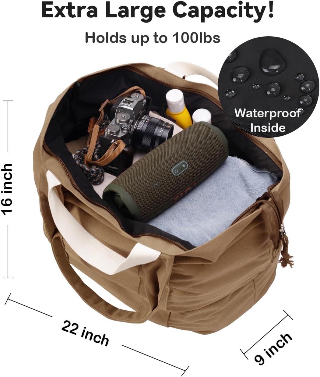22'' 50L 100% Cotton Oversized Travel Tote Bag for Women - Tear-Resistant, Overnight/Weekend/Beach Bag