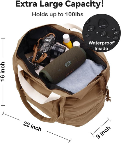 22'' 50L 100% Cotton Oversized Travel Tote Bag for Women - Tear-Resistant, Overnight/Weekend/Beach Bag