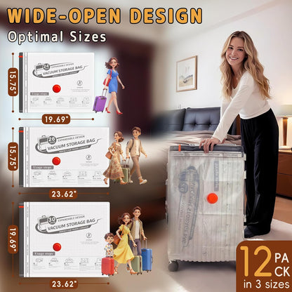 12 Pack Vacuum Bags for Travel with Rechargeable Air Pump, Carry-On Compression Bags for Luggage and Suitcase, Space Saver Storage for Clothing and Travel Organization
