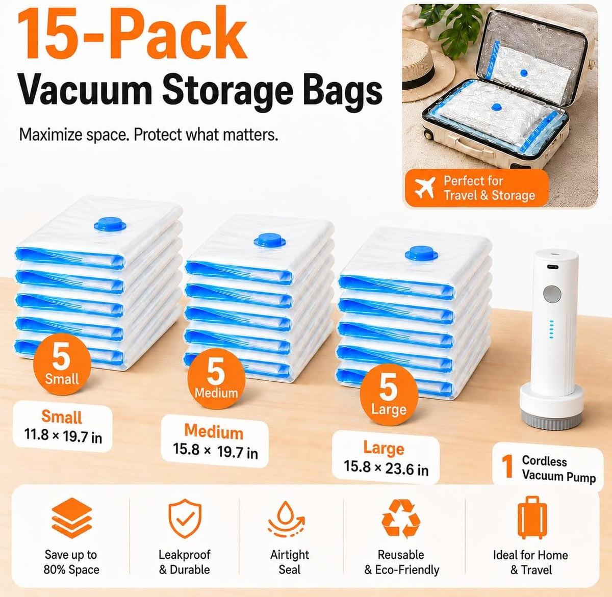 12 Pack Vacuum Bags for Travel with Rechargeable Air Pump, Carry-On Compression Bags for Luggage and Suitcase, Space Saver Storage for Clothing and Travel Organization