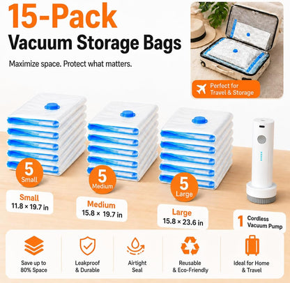 12 Pack Vacuum Bags for Travel with Rechargeable Air Pump, Carry-On Compression Bags for Luggage and Suitcase, Space Saver Storage for Clothing and Travel Organization