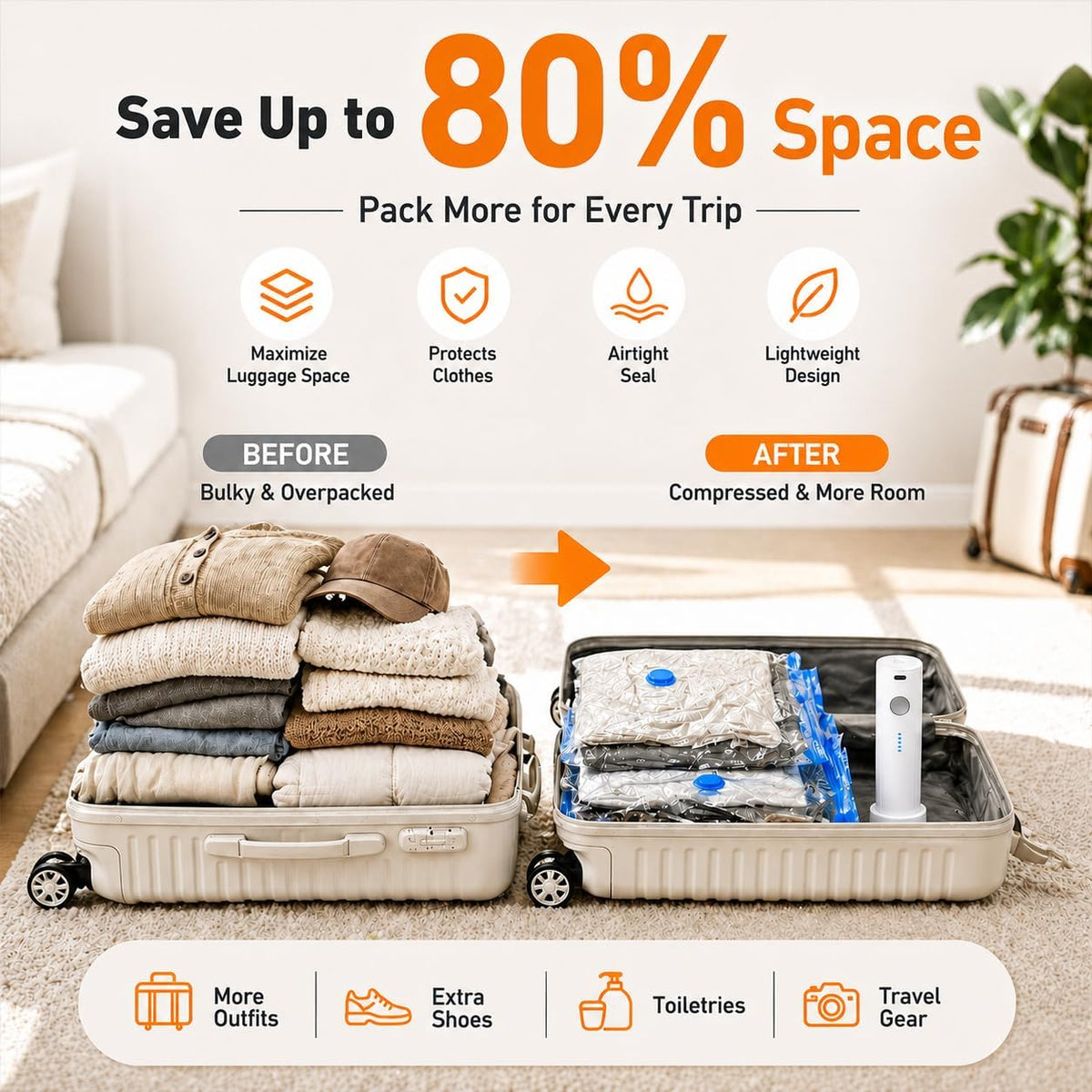 12 Pack Vacuum Bags for Travel with Rechargeable Air Pump, Carry-On Compression Bags for Luggage and Suitcase, Space Saver Storage for Clothing and Travel Organization