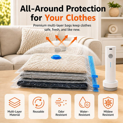 12 Pack Vacuum Bags for Travel with Rechargeable Air Pump, Carry-On Compression Bags for Luggage and Suitcase, Space Saver Storage for Clothing and Travel Organization