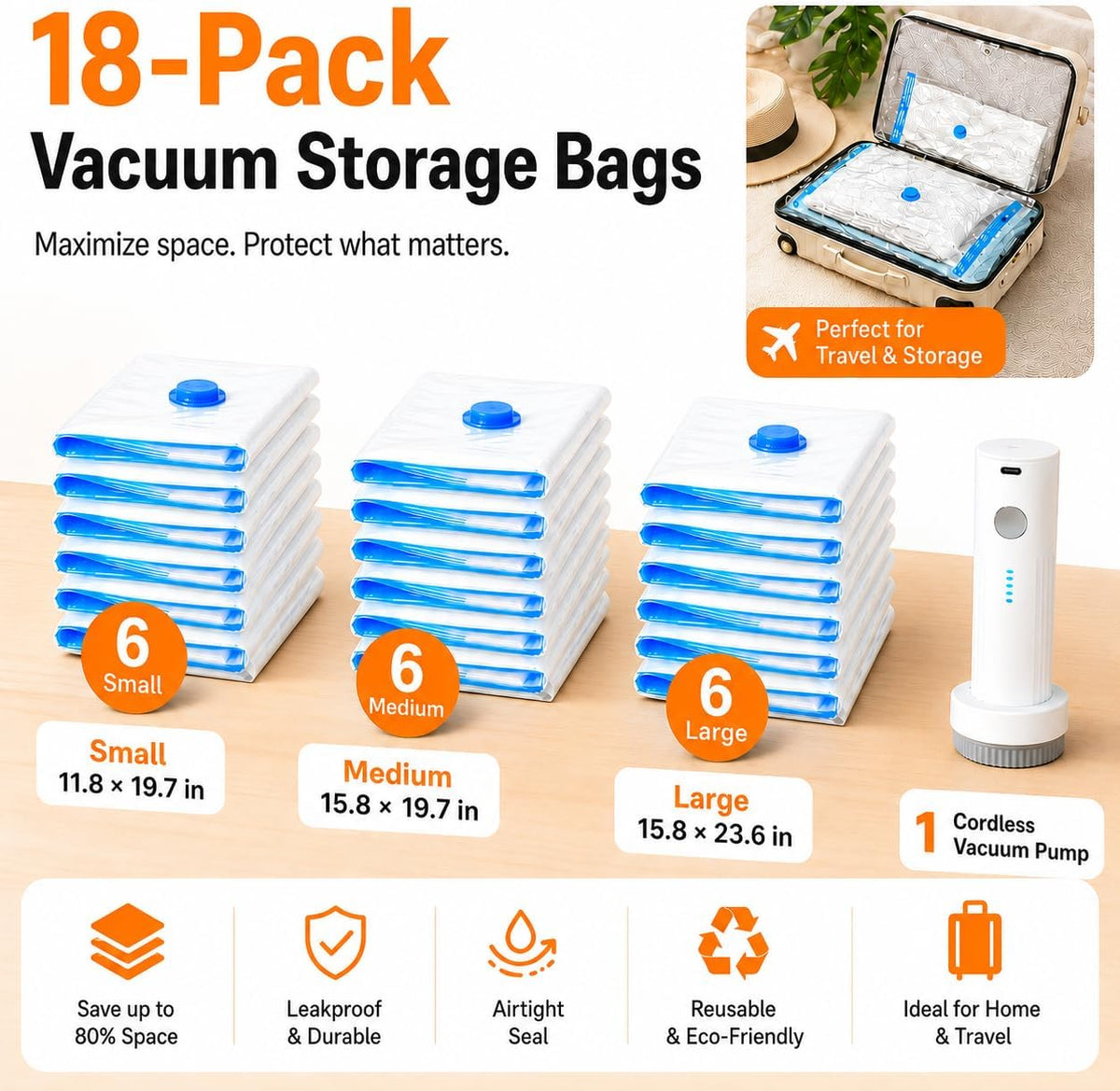12 Pack Vacuum Bags for Travel with Rechargeable Air Pump, Carry-On Compression Bags for Luggage and Suitcase, Space Saver Storage for Clothing and Travel Organization