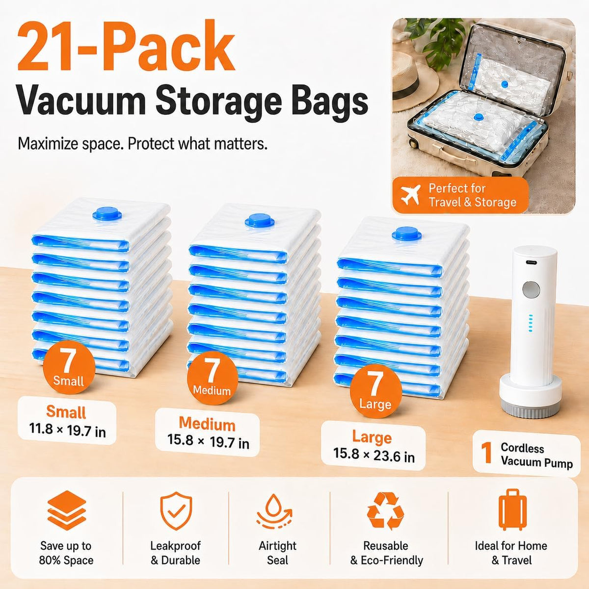 12 Pack Vacuum Bags for Travel with Rechargeable Air Pump, Carry-On Compression Bags for Luggage and Suitcase, Space Saver Storage for Clothing and Travel Organization