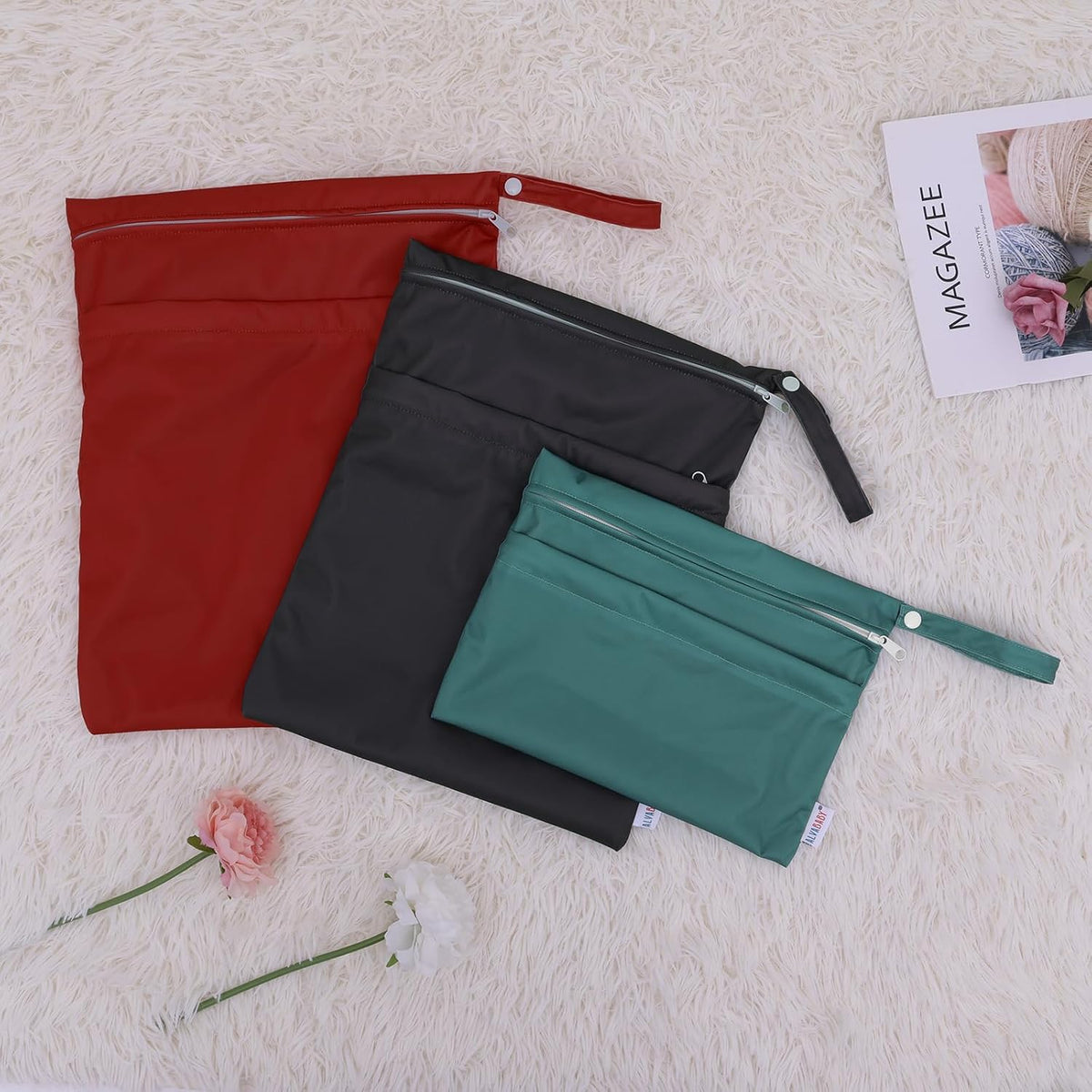 ALVA 2pcs Cloth Diaper Wet Dry Bags Waterproof Reusable with Two Zippered Pockets Travel Beach Pool Daycare Soiled Baby Items Yoga Gym Bag for Swimsuits or Wet Clothes LX-AMD0912 - Colors B