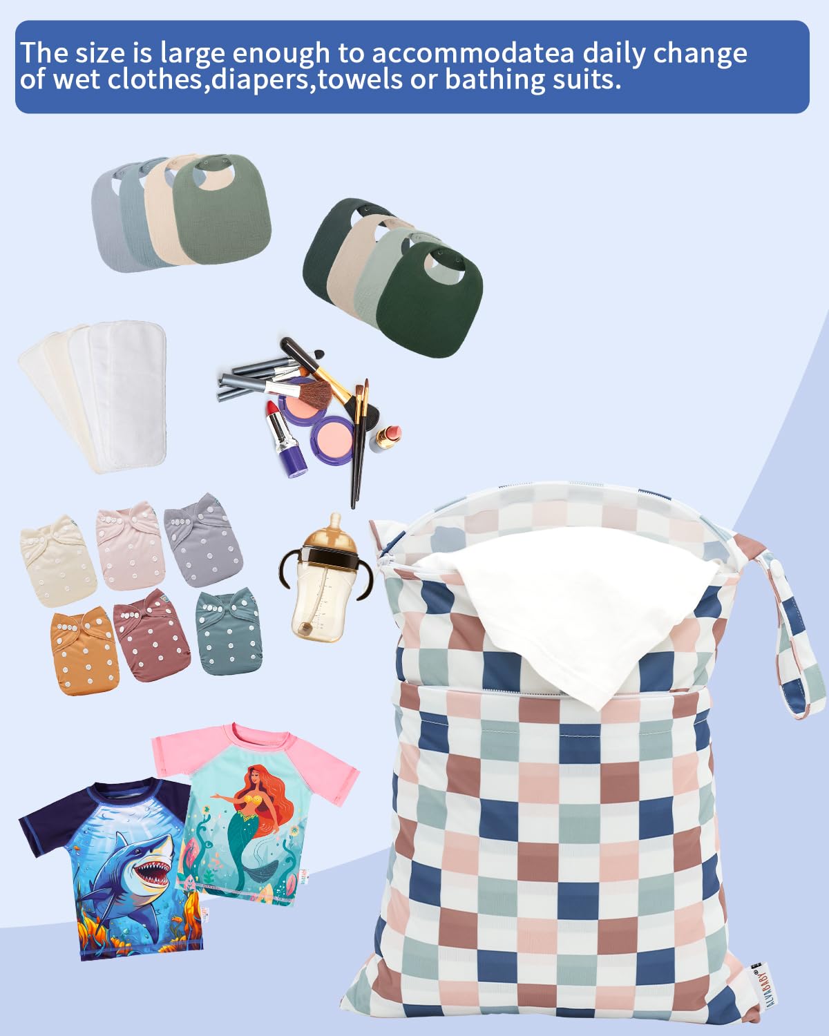 ALVA 2pcs Cloth Diaper Wet Dry Bags Waterproof Reusable with Two Zippered Pockets Travel Beach Pool Daycare Soiled Baby Items Yoga Gym Bag for Swimsuits or Wet Clothes LX-AMD0912 - Colors B