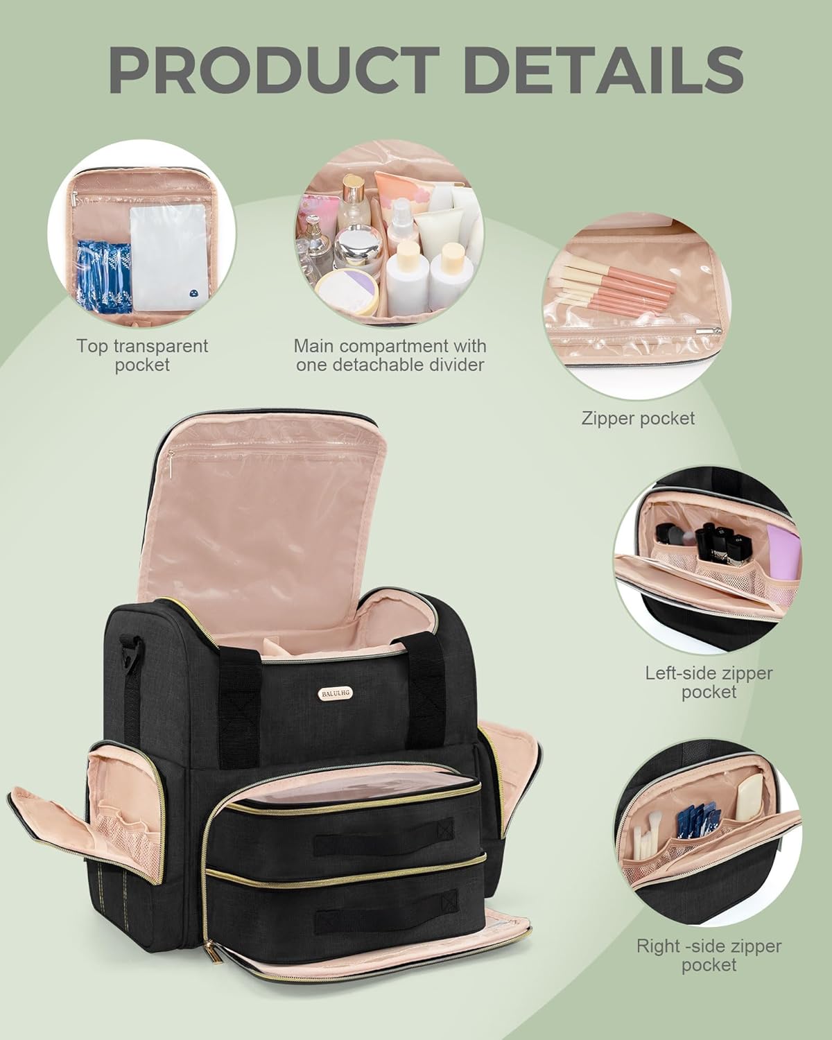 Large Travel Makeup Bag with 2 Removable Cases, Cosmetic Bag with Multiple Storage Sections, with Multiple Storage Sections,Double Layer Big Travel Make Up Organizer Case,Travel Toiletry Bag