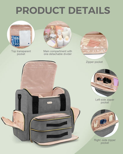 Large Travel Makeup Bag with 2 Removable Cases, Cosmetic Bag with Multiple Storage Sections, with Multiple Storage Sections,Double Layer Big Travel Make Up Organizer Case,Travel Toiletry Bag