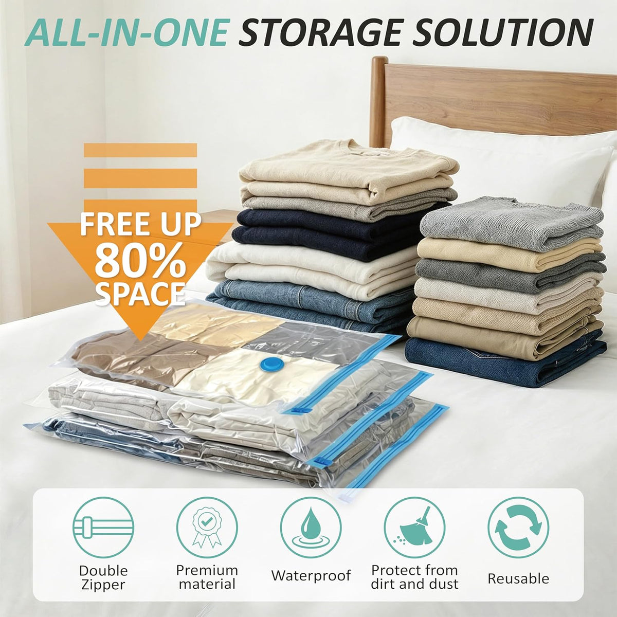 Vacuum Storage Bags, 80% Compression Vacuum Seal Space Saver Plastic Packaging Bags for Clothes, Blankets, Pillow, Bedding, Comforters, Sealer Clothing Storage,20 Combo