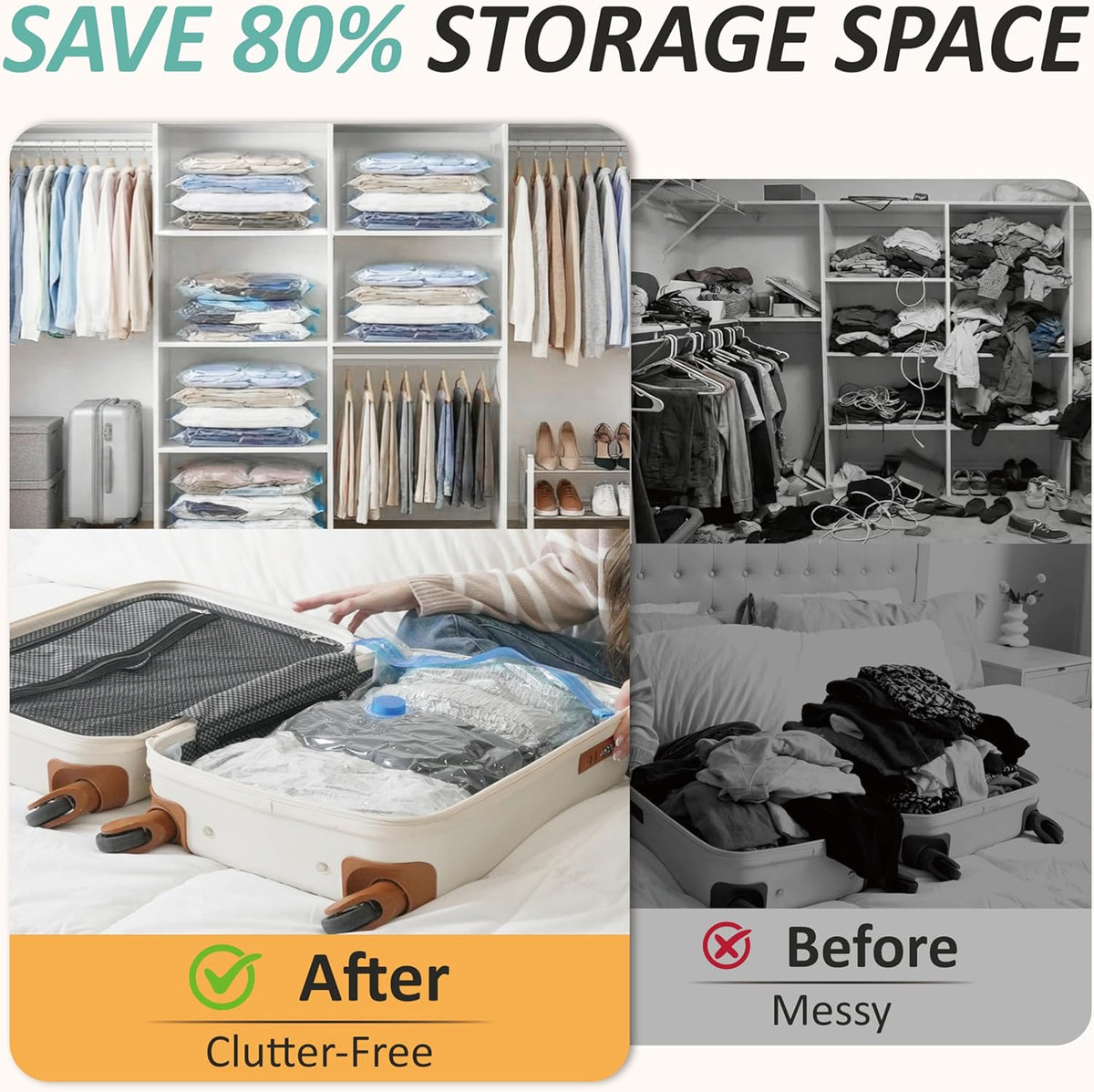 Vacuum Storage Bags, 80% Compression Vacuum Seal Space Saver Plastic Packaging Bags for Clothes, Blankets, Pillow, Bedding, Comforters, Sealer Clothing Storage,20 Combo
